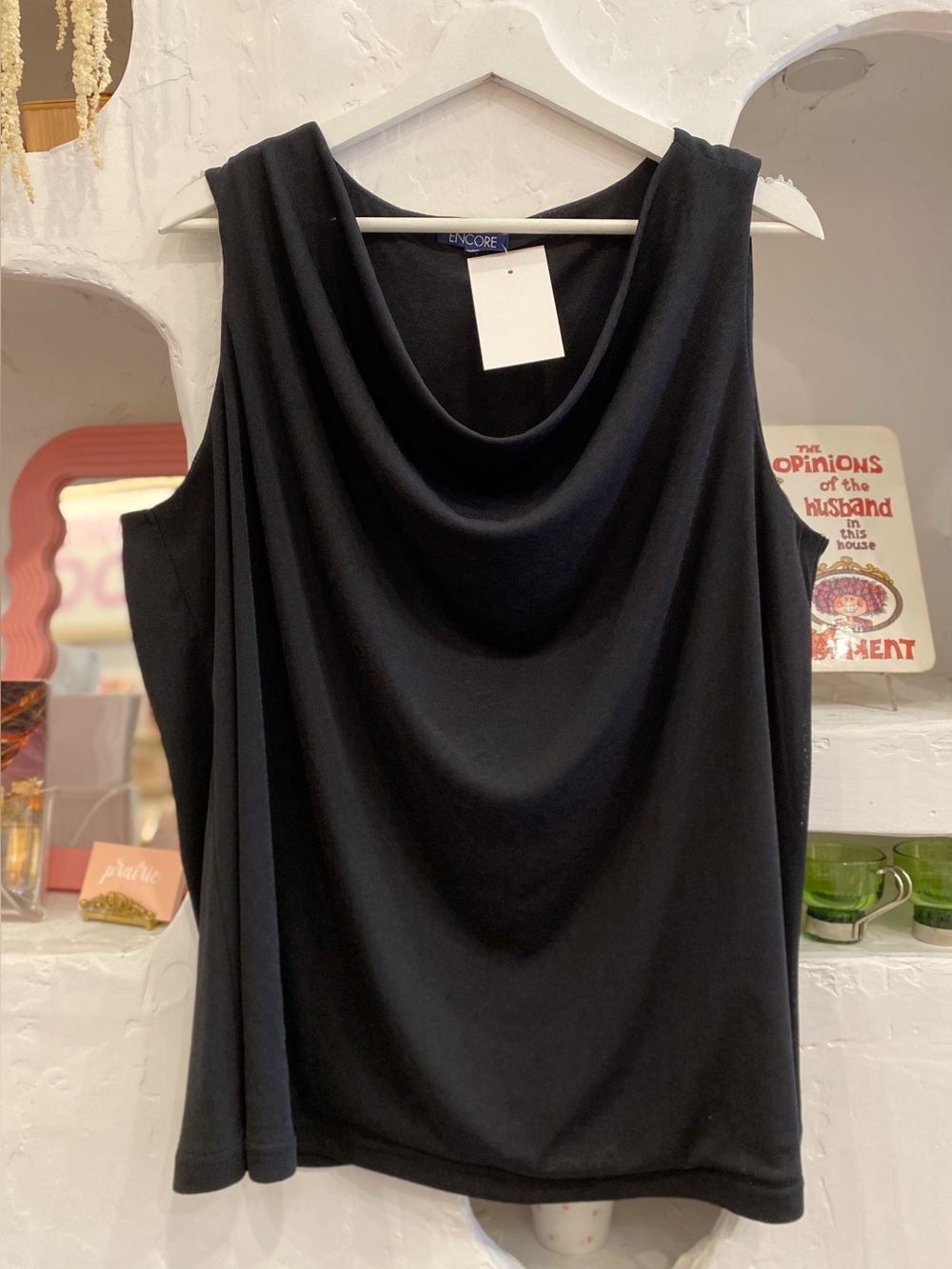 Y2K Vintage Mesh Encore Simple Black Sleeveless Stretchy Cowl Neck Tank